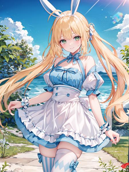 very long hair, blonde hair, ahoge, green eyes, forehead mark, blue bow, hair bow, detached sleeves, cleavage, one-piece swimsuit, high heels