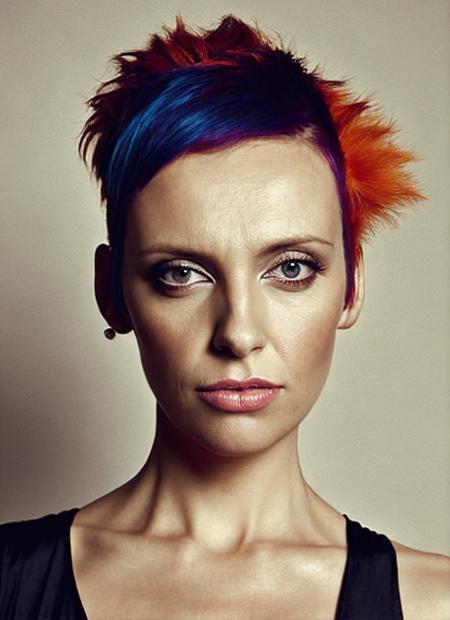 portrait of sks woman by Flora Borsi, style by Flora Borsi, bold, bright colours, orange Mohawk haircut, ((Flora Borsi)), <lora:locon_tonicollette_v1_from_v1_64_32:1.25>