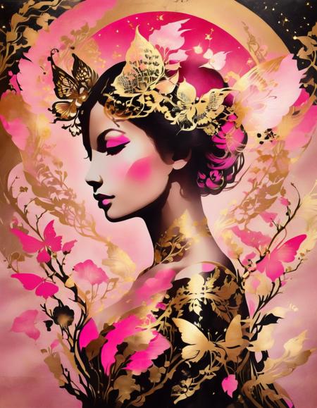 stenciled Fae Woman, magical, fantasy, pink|gold , <lora:SDXLStencilStyleFAE:1> stencil style, double exposure