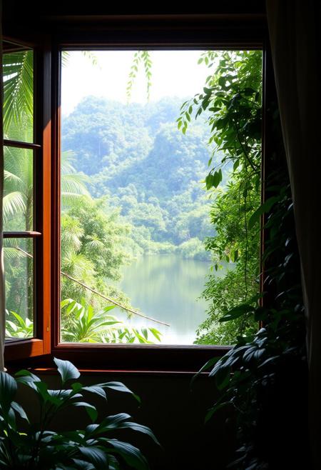 A serene window scene of a lush jungle with a tranquil lake, captured in a cozy home atmosphere, soft natural light filtering through, vibrant greens, reflections on the water, intricate details of foliage