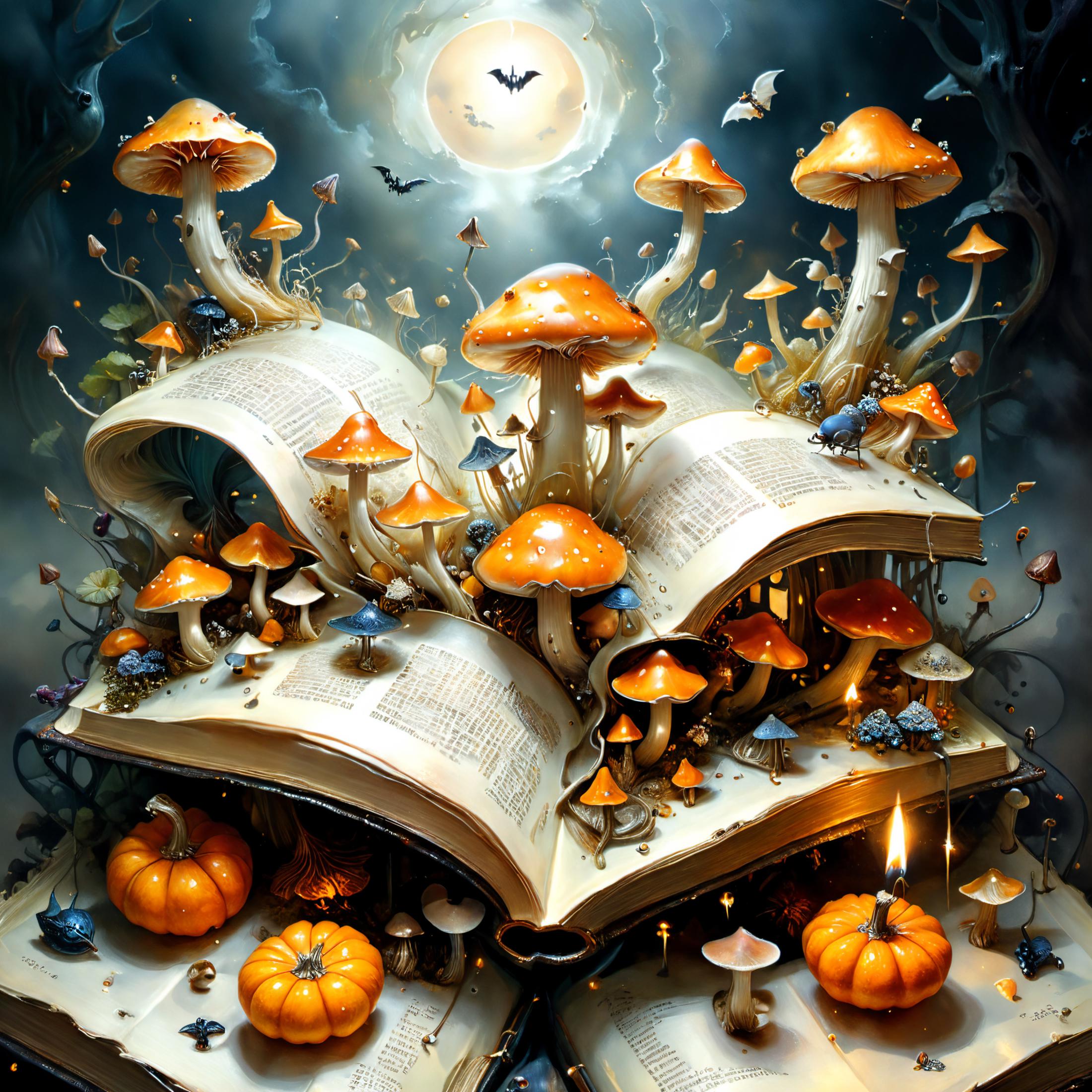 Artistic Illustration of a Fantasy Scene with Books, Mushrooms, and Pumpkins