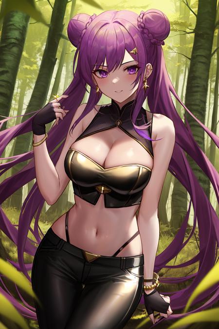 best quality, 1girl, <lora:KDAKaiSa:1>, KDAKaiSa, ((golden bustier)), ((black pants)), long hair, purple hair, hair bun, double bun, purple eyes, cleavage, midriff, navel, jewelry, fingerless gloves, bracelet, in a forest, trees