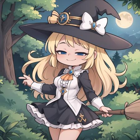 masterpiece, best quality,
1girl, solo, cowboy shot, medium breasts, broom,
witch, witch hat, black dress, lace, frills, long sleeves,
long hair, blonde hair,
night, forest, flying,
<lora:smug-07:0.7> smug, half-closed eyes, blue eyes,