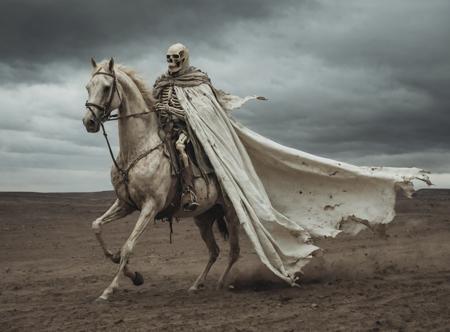 pale_horseman,(long white cape in the wind:1.6),(tattered_garments:1.5),(skeletal_rider:1.5),(wind:1.2),(bones:1.2),apocalypse,death,desolate_landscape,dark_sky,ominous,pale_green_horse,decay,tattered_cloak,hidden_face,mystery,fear,skeletal_hand,rusted_scythe,cracked_ground,barren,lifeless,foreboding,
<lora:add_detail:0.8>,