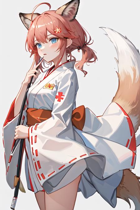 best quality, masterpiece, highres, 1girl, solo, {miko attire:1.40}, {white kimono:1.20}, {red hakama:1.20}, {wide sleeves:1.15}, {sussurro_arknights:1.15}, animal_ears, fox_ears, ahoge, blue_eyes, short_hair, bangs, fox_girl, oripathy_lesion_\(arknights\), brown_hair, tail, fox_tail, closed_mouth, blush, animal_ear_fluff