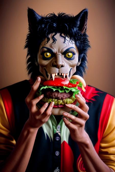 mjthriller portrait of werewolf michael jackson eating a vegan burger, intricate detail, detailed face, very sharp, high quality, professional photography  <lora:hjmjthriller_v10:0.6>