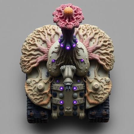 ((top view)), (tank),
Tall tank with fungal tower rising from the center and spreading cap-like armor out over the body.
Chassis: Coral-like chitin plating, semi-organic with branching root textures. Slight iridescence in shifting light.
Tracks: Short, stocky treads with fungal lattice stabilizers over each corner.
Details: Central tower leaks bio-mist during idle. Crust-like armor plates pulse faintly as mycelial network reconfigures.
Lights: Purple luminescence from fungal nodes. Spore lamps blink in repeating bio-patterns.