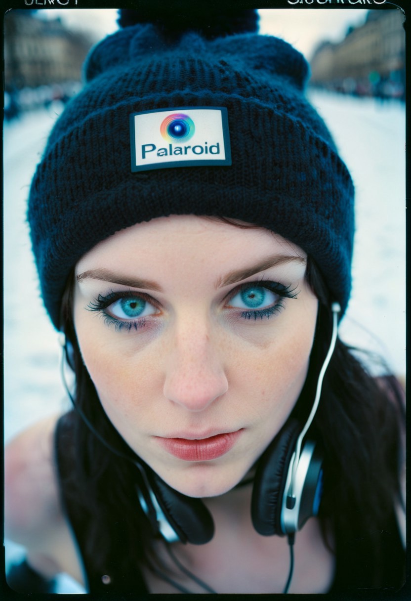 goth girl,winter hat, nsfw,headphones,tanktop,(beautiful face,exquisite face,skin texture:1.2), (ultra-wide angle:1.3),   pale skin, blue eyes, perfecteyes, (masterpiece,best quality,ultra high res:1.2),(photo-realistic:1.3),paris, day, mood, polaroid color 600 instant film, faded, blurry, motion blur, ((grainy))