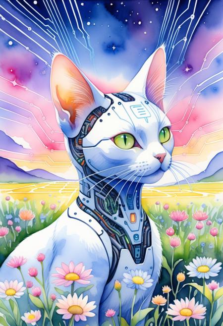 A watercolor painting of a Ethereal cat in a colorful floral field, with cybernetic patterns faintly overlaying the background.
Soft glows on the circuit lines, creating a sense of energy.