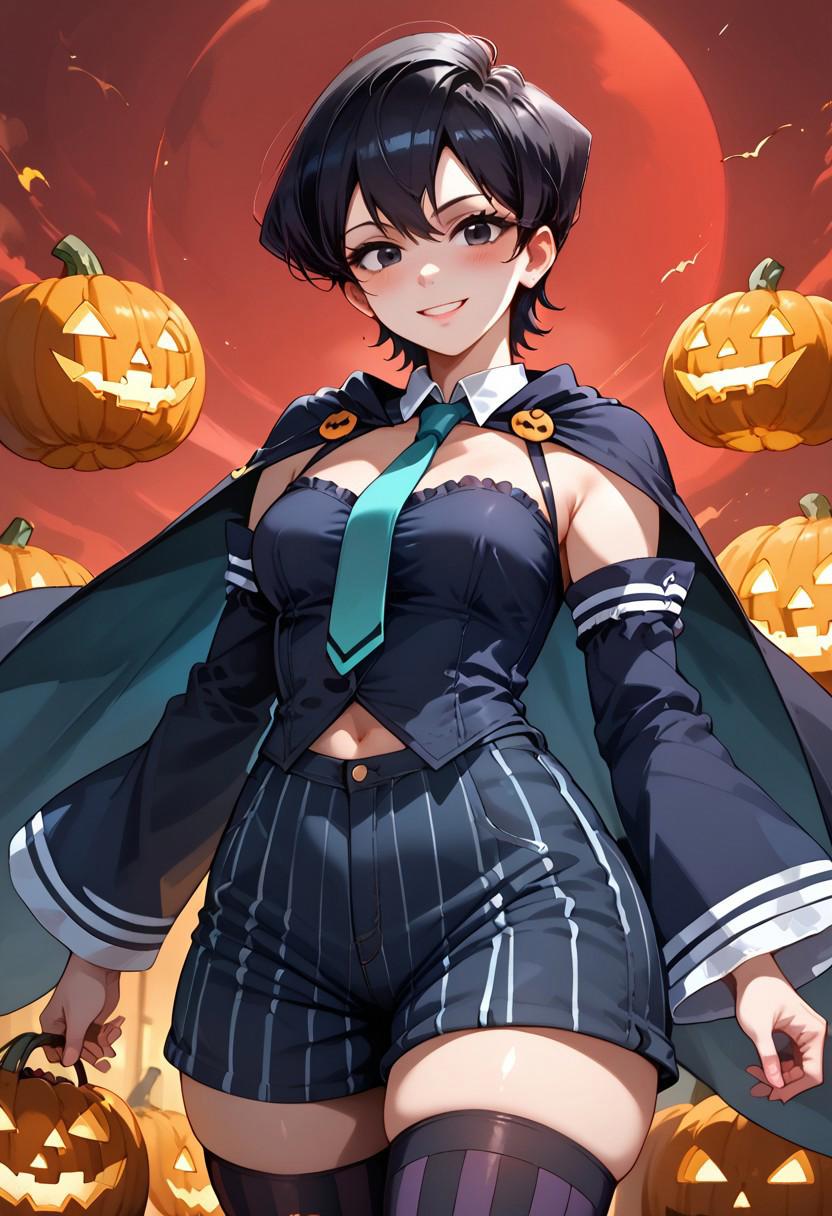 KomiMompony, 1girl, solo, short hair, black hair, black eyes, mature female,
1girl,cowboy shot,red background,,ruanyi1053,aqua necktie,cape,detached sleeves,frills,halloween costume,jack-o'-lantern,vertical-striped thighhighs,vertical-striped shorts,wide sleeves,
<lora:1053 halloween costume_v1_pony:1>, score_9, score_8_up, score_7_up, score_6_up, score_9, score_8_up, score_7_up, score_6_up source_anime, blush, 1girl, seduce smile, perfect body , natural  breasts