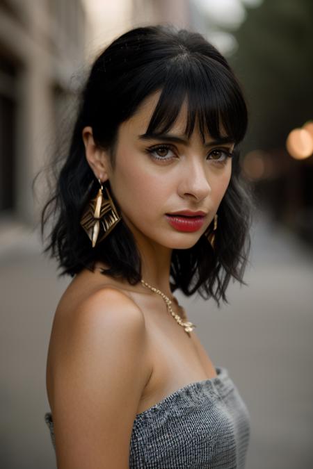 Realistic photo of a beautiful kryst3nr-v12 woman,   1girl, solo, looking at viewer, bangs, simple background, black hair, brown eyes, jewelry, collarbone, earrings, medium hair, grey background, lips, makeup, lipstick, portrait, realistic, red lips, soft lighting, professional Photography, Photorealistic, detailed, RAW, analog, sharp focus, 8k, HD, DSLR, high quality, Fujifilm XT3, film grain, award winning, masterpiece<lora:kryst3nr-v1:1.0>