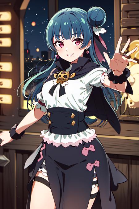 ((masterpiece,best quality)), absurdres,
<lora:Yohane_Genjitsu_no_Yohane:0.7>, Yohane_Genjitsu_no_Yohane, single side bun, black capelet, 
solo, smiling, looking at viewer, cowboy shot,
magic shop, cinematic composition, dynamic pose,