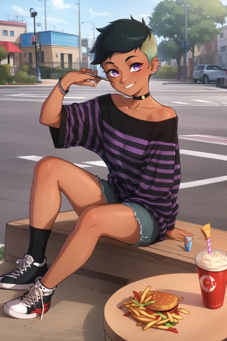 <lora:riley_fairfeather:0.8>, riley fairfeather, masterpiece, best quality, 1girl, freckles, green hair, short hair, solo, multicolored hair, dark-skinned female, food, dark skin, piercing, black hair, purple eyes, socks, shoes, two-tone hair, sitting, shirt, choker, shorts, heart, smile, phone, nose piercing, disposable cup, sneakers, ear piercing, black choker, off shoulder, striped shirt, undercut, holding, selfie, french fries, collarbone, bare shoulders, tomboy, blush, striped, outdoors, jewelry, black socks, holding phone, full body, gradient hair, cellphone, bracelet, ketchup, drinking straw, grin