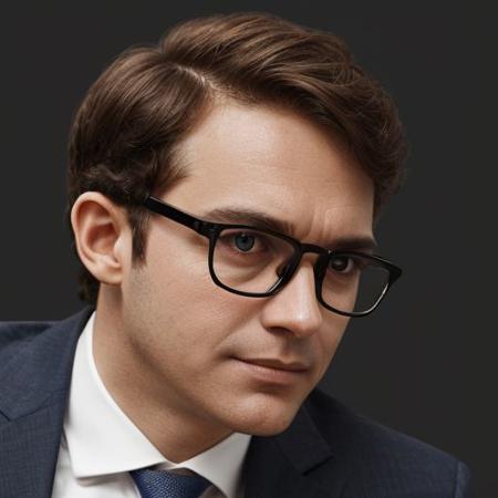 man, glasses with slightly round and transparent frame, curly brown hair, slightly round oval face, suit, image from top to bottom, realistic, slightly dark environment