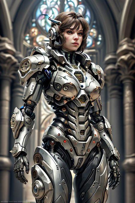 masterpiece, best quality, ultra detailed, highest resolution, perfect anatomy, cyborg girl, (1girl), solo, ((fr4ctal4rmor)), (wearing fractal power armor), dynamic pose, fighting stance, looking away, (sagrada familia)
