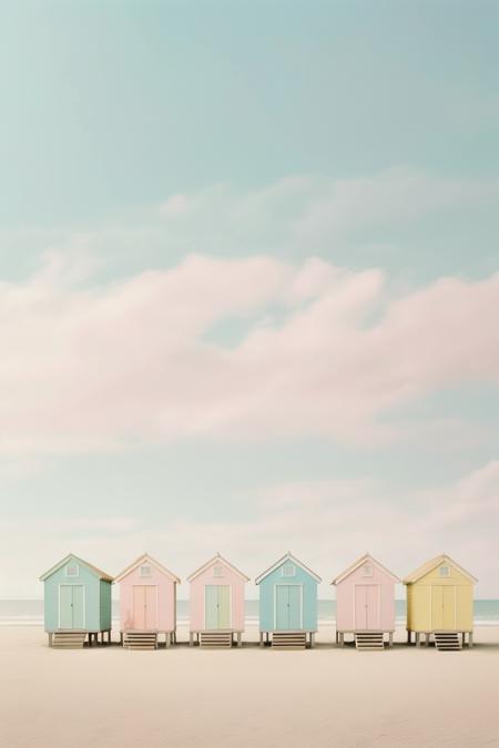 <lora:Akos Major style:1>Akos Major style - Imagine a scene right out of a Wes Anderson film, set on a quaint summer beach. Shot on a Canon EOS 5D Mark IV with a 35mm lens, the image is composed with Anderson's signature symmetrical style and pastel color palette. The frame is neatly divided by the horizon line, with pale, sandy beach below and a clear, turquoise sky above. The beach huts, painted in pastel pinks, blues, and yellows, line the shore, each with its own character, yet perfectly spaced for harmonious symmetry. The people are few and subtly staged, each engaging in whimsical beach activities that hint at unique, unspoken narratives. A striped beach umbrella, impeccably centered, anchors the scene, its bold lines contrasting with the softness of the environment. The bright, uniform lighting, achieved through meticulous post-production work, ensures no shadows disrupt the harmonious color scheme. The beach scene is not just a place, but a charming diorama of characters and colors, frozen in a moment of summertime bliss, as seen through the idiosyncratic lens of Wes Anderson