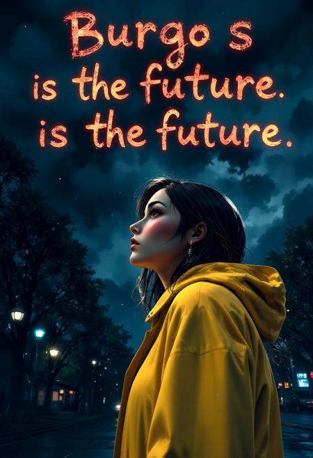 A highly detailed image of a beautiful young woman wearing a yellow raincoat, shown from a low angle. She is standing in the middle of a city park at night, under a stormy sky. She is facing the viewer and staring up at the sky above her with a deeply melancholic expression on her face, and tears are streaming down her cheeks. Above her, text that reads "Burgos is the future." is written in glowing, hand-drawn lettering. The image is striking and emotional, evoking a sense of hope amid intense sadness. aidmatextimprover