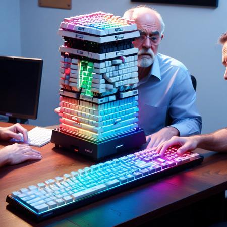 score_9, score_8_up, score_8_up, masterpiece,super detailed face, super high resolution, FaceDetail, masterpiece-level, highly detailed, intricate details, detailed background, complex background, masterpiece, best quality, amazing quality, animated, RGB Keyboard,
"Keyboard Jenga: Office Edition"
Bored coworkers play Jenga with RGB Keyboard keys during a meeting. The "Delete" key is already wobbling. The "Enter" key smugly says, "This is fine," until someone pulls the "Shift" key—the whole tower collapses, and the boss (a grumpy old mechanical keyboard) yells, "WHO TOOK MY CAPS LOCK?!"