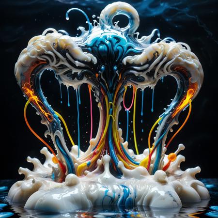 a molten desktop PC sculpted from swirling liquid marble, transparent panels revealing tangled neon wires, RAM modules dripping slowly into viscous RGB pools, glowing debug text flowing across the surface like incantations, fan vents shaped like pixelated spirals, geeky liquid marble