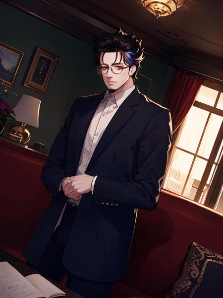 masterpiece,best quality,highres,cinematic lighting,dramatic angle,<lora:ShadowverseBelphomet:0.8>,1man,black hair,glasses, heterochromia,blue eyes,red eyes,(mask:1.2),one eye covered,white shirt,sitting on sofa,tired,looking at viewer,matured