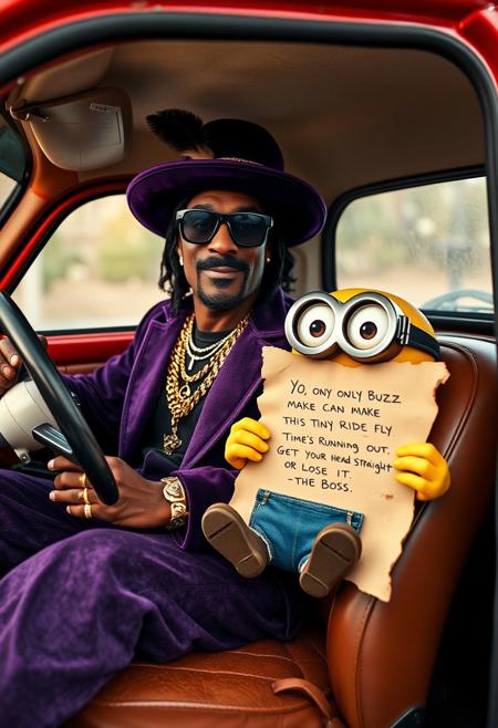 An anthropomorphic Snoop Dogg, radiating smooth charisma, sits confidently in the driver’s seat of a quirky, vintage Fiat 500. He’s decked out in his usual pimp regalia—deep purple velvet suit, wide-brimmed hat adorned with a feather, gold chains, and flashy rings—gripping the steering wheel with cool authority, his stylish cane resting against the dashboard.
In the cramped passenger seat, a mischievous Minion lounges next to him, its wide eyes peeking out from behind oversized goggles. Dressed in its classic blue overalls, the Minion holds a crumpled, slightly torn letter in its small hands. The edges of the letter are singed and stained, and the messy handwriting reads:
"YO, ONLY BUZZ CAN MAKE THIS TINY RIDE FLY.  
TIME’S RUNNING OUT—GET YOUR HEAD STRAIGHT OR LOSE IT.  
-THE BOSS."
Inside the Fiat, the interior is worn but still exudes retro charm with cracked leather seats and vintage details. Outside, a neon-lit Miami backdrop of swaying palm trees and gritty, shadowy streets contrasts sharply with the quirky little car. The scene is hyperrealistic, blending Snoop’s laid-back, larger-than-life presence with the Minion’s playful mischief and the car’s eccentric appeal, creating a vibrant, highly detailed tableau full of energy, humor, and surreal flair.