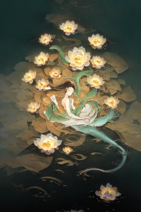 shanze, long hair, 1girl, solo, lily pad, lotus, flower, monster girl, brown hair, nude, water, mermaid, closed eyes, very long hair, partially submerged, black hair, profile, floating hair,
high quality,