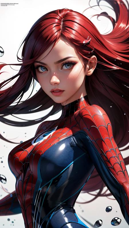 (best quality, masterpiece, colorful, dynamic angle, highest detailed) upper body photo, fashion photography of cute, intense red long hair, Mary Jane in spiderman suit,(ultrahigh resolution textures), in dynamic pose, bokeh, glowing web, (intricate details, hyperdetailed:1.15), detailed, light passing through hair, splash art flat background(high contrast, official art, extreme detailed, highest detailed),