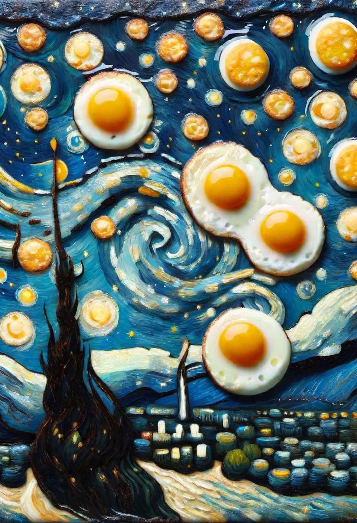 Artistic Food Arrangement with Two Eggs and a Starry Night Background