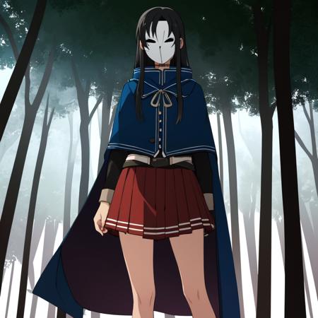 nanahoshi, 1girl, solo, black hair, long hair blue cape, pleated skirt, red skirt, skirt white mask black eyes