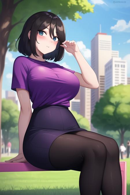 Mrii, young woman sit in the park, skirt, purple  t-shirt,