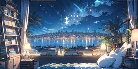 (masterpiece:1.2), best quality,PIXIV,cozy animation scenes,
scenery, night, window, no humans, sky, plant, night sky, pillow, cityscape, bed, star (sky), book, chair, cloud, bookshelf, city, lamp, building, indoors, potted plant, starry sky, city lights, curtains, copyright name, artist name, skyscraper, shelf, bedroom, watermark, border
 <lora:cozy animation scenes_20230824111332:1>