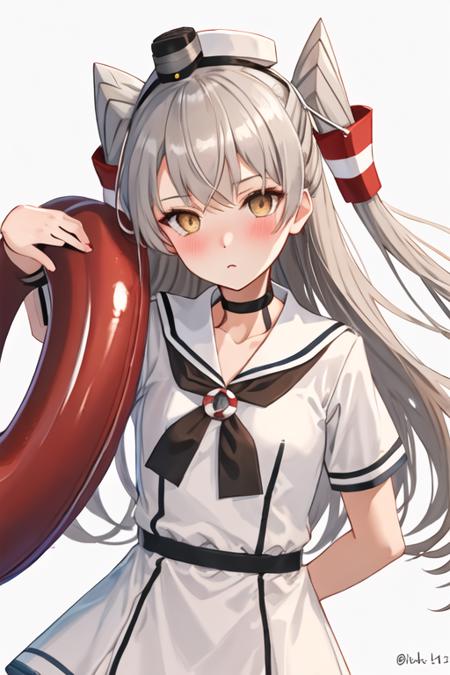 amatsukaze_kantaicollection long_hair, two_side_up, hair_tubes, brown_eyes, grey_hair, blush, white_hair