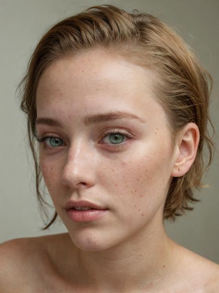 close-up shot of a stunning and cute 22 year old with light short ocre hair, clear green eyes, submissive look, freckles, beauty spots, hard shadows