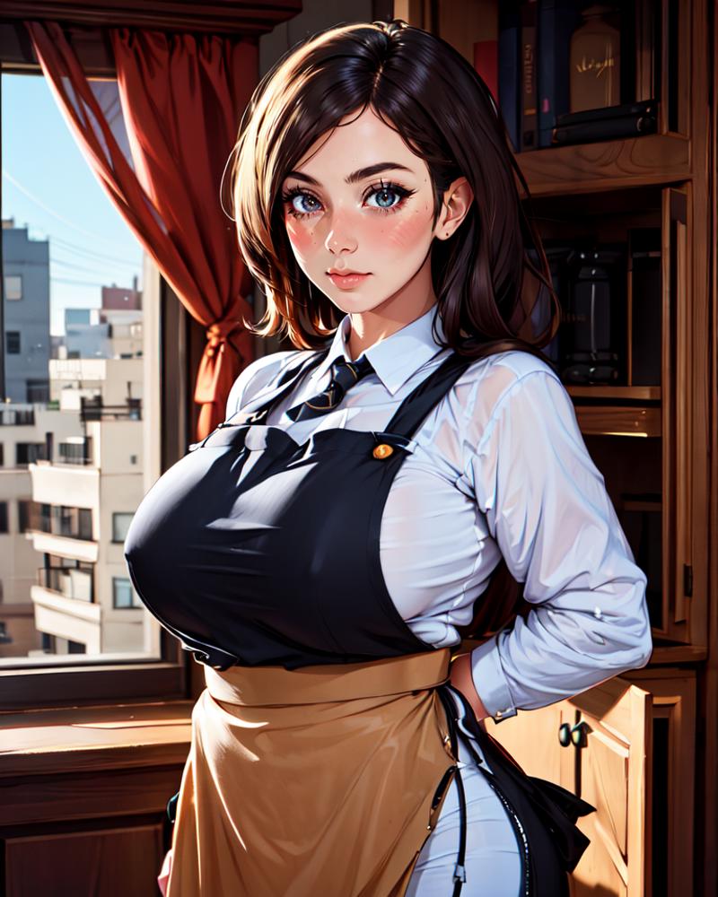Cartoon Anime Girl with Big Breasts and Blue Eyes Posing in a Kitchen