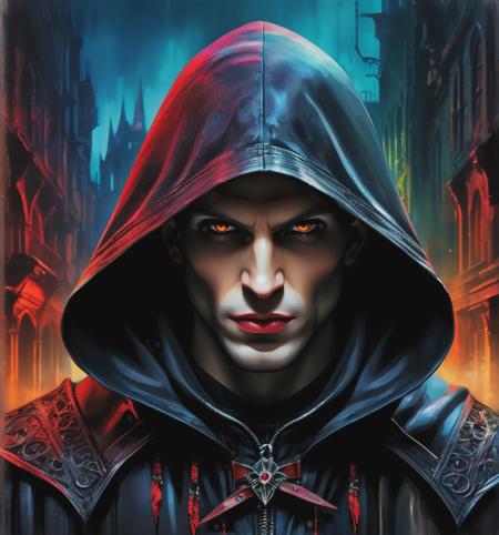 close-up of a hooded vampire on a picturesque dystopian background, intricate and elegant, centered digital painting with high detail,  watercolor, black background,
Style by Gabriele Dell'otto, AI Midjourney, bright saturated colors, watercolor, oil paints, HDR, 500px, 4k,