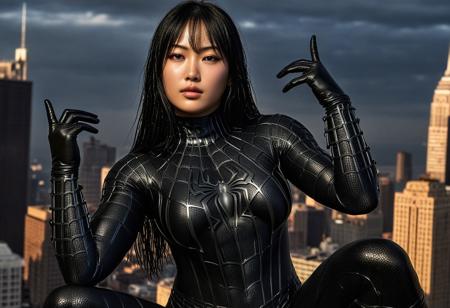 score_9, score_8_up, score_7_up, best quality, realistic, masterpiece, beautiful detail, hyperrealistic, afternoon sky, ((1girl, woman body, big breasts)), amazing detailed full body of a beautiful japanese girl, wearing a realistic and highly detailed black raimi spider-man suit, ((huge muscular girl)), professional model wears ultra - detailed black raimi spider - man suit, ultra - detailed and grained black raimi spiderman suit, suit covered entire body and hand, black spiderman gloves, wet, (spread leg), (full body), (dirty skin), close up, octane render, highly detailed, volumetric, dramatic lighting, (highest quality:1.1), (HDR:1.3), (top quality, best quality), realistic, high definition,