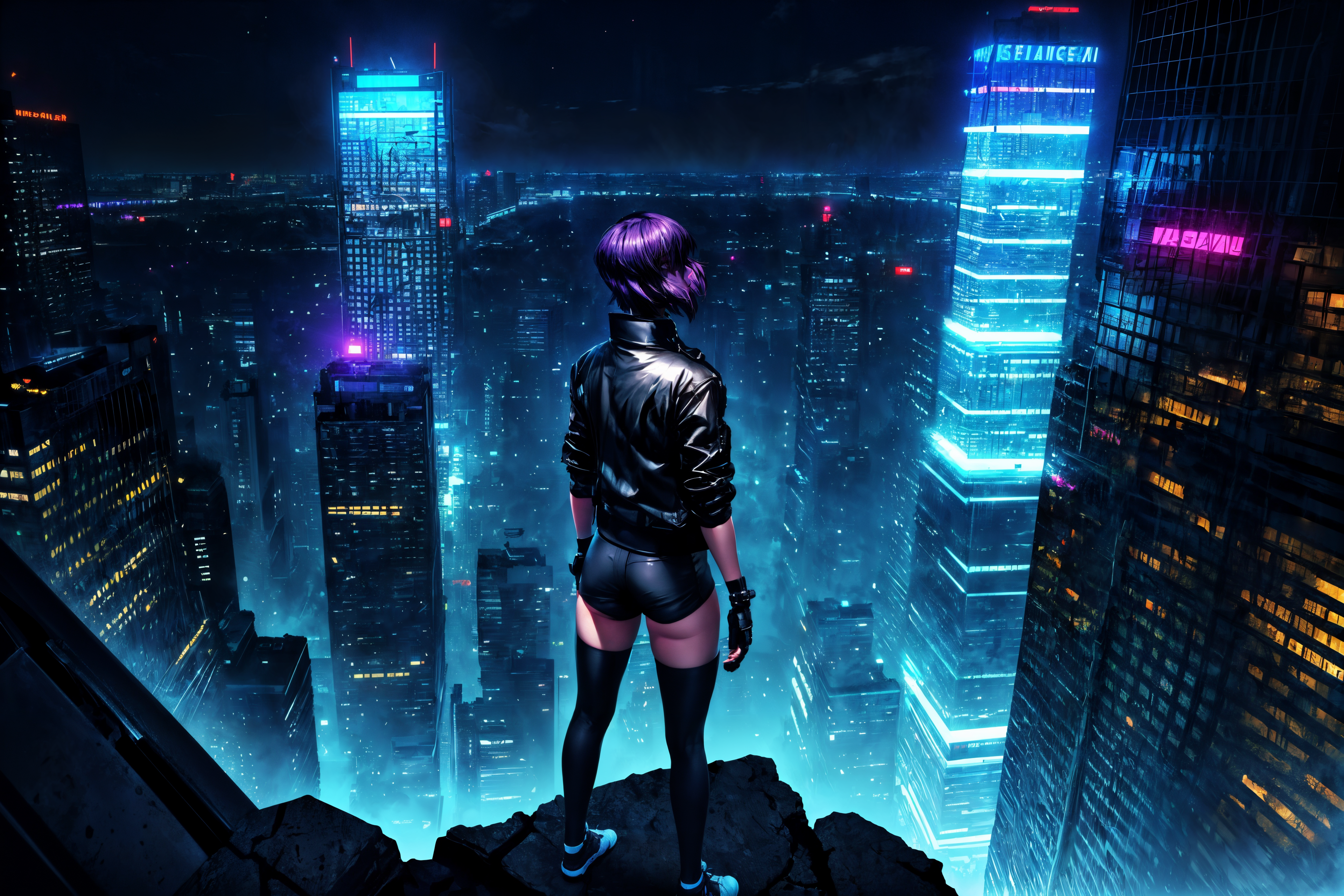((hyperrealistic art, extremely high-resolution details, wide angle shot, night, dark theme)) Cyberpunk-inspired artwork d...