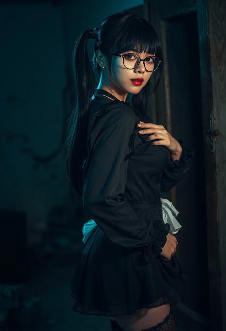 DLSR photograph of a tall, slender, beautiful extremely sexy 26 year old korean model .
lighting<lora:MoriiMee_Gothic_Niji_Style_FLUX:0.3500000000000001> <lora:AsirAsianPhotographyflux:0.7000000000000002>
1girl, porcelain skin, blush, dark purple eyes, bags under eyes, crazy eyes, jitome, desperate gaze, round glasses, upturn nose, black hair, glossy hair, glossy lips, twintails, blunt bangs, gloomy, obsessive, parted lips, evil smile, medium breasts, ornate clothes, black frilled blouse, black miniskirt, white petticoat, long sleeves, puffy sleeves, black thighhighs, mary janes standing, from side, looking at viewer, hand on own chest, skirt hold, upper body
BREAK 
dilapidated house, dark, masterpiece, best quality, very aesthetic, absurdres, vignetting, chiaroscuro, hard shadows, Expressiveh