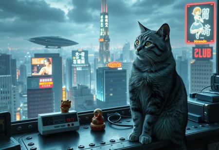 Grey tabby cat with green blue eyes sits on a cluttered metal riveted desk next to a maneki neko statue and a small Nintendo , the cat is looking out to a floor to ceiling window that looks out over a futuristic cyberpunk Tokyo skyline with skyscrapers, holographic advertisements, futuristic airships covered with lights and advertisements in Japanese, a space elevator, (((a tall thin beautiful young woman, 22 years old, is standing next to the cat looking out at the city through the window))), The woman is dressed in an ornate Japanese style bath robe, low cut to above navel and showing her lower legs.  The woman's hair is messy from just waking up and tied up with a ribbon. Artistic cyberpunk, dynamic perspective, a translucent neon projection of a strip club bar advertisement displaying a partially dressed woman is visible on a nearby building,