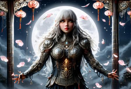 8K, masterpiece, best quality, night, full moon, 1 girl, Chinese style, Chinese architecture, mature man, silver white long haired ,long hair, light pink lips, calm, rational, bangs, gray pupils, assassin, fan, knife fan, petal dancing, delicate face