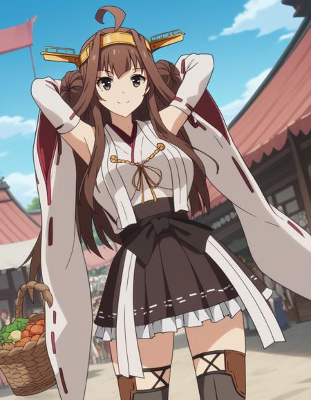 kongou, long hair, brown hair, ahoge, black eyes, hairband, hair bun, double bun, kongou (kancolle), large breasts, skirt, thighhighs, detached sleeves, japanese clothes, headgear, nontraditional miko,