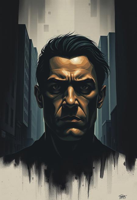A deep, introspective portrait of a strong, determined face, where the background subtly blends into abstracted, sharp-edged buildings and dark, empty streets.bold sculptural figures with precise geometric cityscapes, deep atmospheric lighting, strong emotional contrasts, moody solitude meets social realism, muted urban tones with glowing highlights, dramatic expressive portraits, woodcut-style textures and smooth minimalist architecture