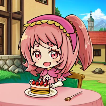 stone walls, city BREAK solo, camellia, cute, smiling, open mouth, chibi, pink eyes, sitting, table, cake <lora:pk_camellia-000016:0.8>