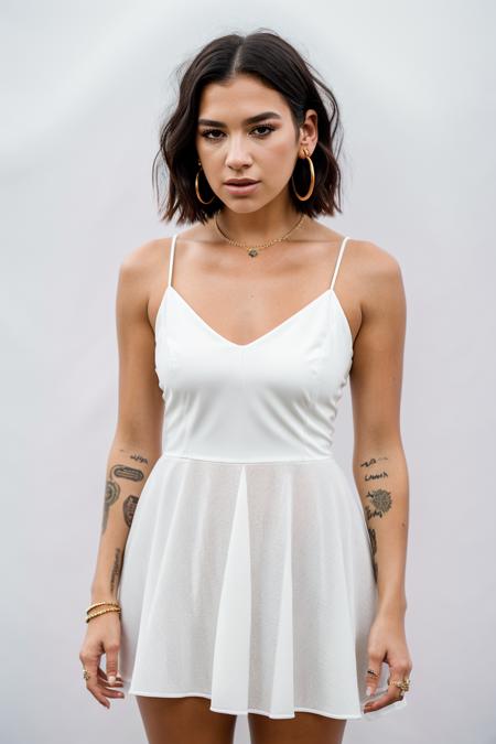 <lora:du4l1p4:0.9>, a Realistic full body photo of du4l1p4 woman, 1girl, solo, breasts, looking at viewer, short hair, simple background, black hair, white background, dress, jewelry, cowboy shot, earrings, parted lips, sleeveless, white dress, mole, bracelet, lips, tattoo, sleeveless dress, ring, hoop earrings, realistic, professional Photography, Photorealistic, detailed eyes, RAW, analog, sharp focus, 8k, HD, DSLR, high quality, Fujifilm XT3, film grain, award winning, masterpiece