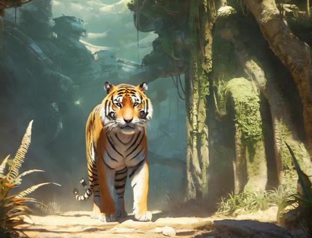 cinematicpainting  of a tiger in a jungle ,paint,digital paint, <lora:Cinematic_Painting_XL:1>, (masterpiece, best quality),ultra-detailed,add-detail-xl, DetailedEyes_V3,perfect eyes,skin blemish,detailed skin,<lora:polyhedron_all_sdxl:1>