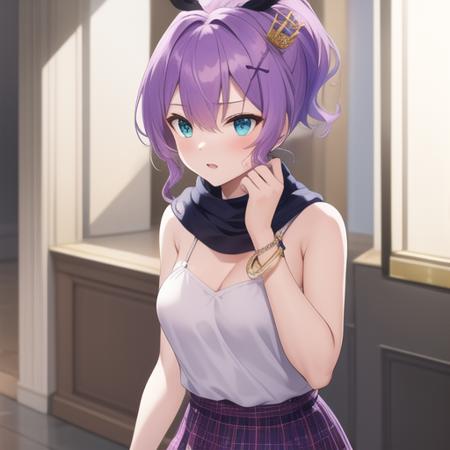 (masterpiece, best quality:1.2),illustration,8k,hd,1girl,solo,purple_hair,hair_ornament,ponytail,hair_ribbon,bangs,green_eyes,mini_crown,hair_between_eyes,blue_eyes,gloves,plaid_skirt,single_glove,white_gloves,jewelry,medium_breasts,bracelet,white_camisole,cross_hair_ornament,purple_skirt,<lora:Javelin:0.8>,