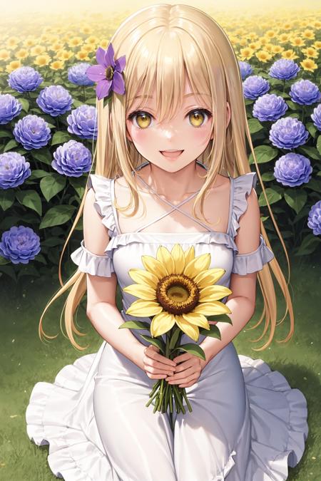 1girl, solo, flower, blonde hair, smile, open mouth, hair ornament, looking at viewer, holding, dress, hair flower, sitting, white dress, blush, floral print, :d, wariza, blue flower, long hair, holding flower, bangs, colorful, multicolored eyes, red flower, short sleeves, yellow flower, pink flower, from above, frills, holding bouquet, flower field, purple flower, frilled dress, bouquet, yellow eyes, white flower, hair between eyes<lora:SilvermoonMix01_2:1>