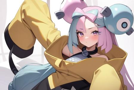 1girl, iono_\(pokemon\), yellow_jacket, sharp_teeth, single_leg_pantyhose, sleeves_past_fingers, sleeveless_shirt, oversized_clothes, grey_pantyhose