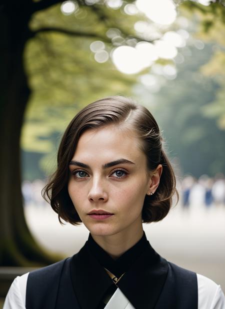 portrait of sks woman in Tokyo, at the Meiji Shrine, by Flora Borsi, style by Flora Borsi, bold, bright colours, ((Flora Borsi)), by Guy Bourdin, <lora:lora-small-cara-delevigne-v1:1>