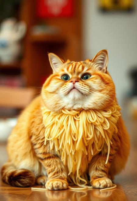Fat chubby cat made fully of noodles, blurry interior background
